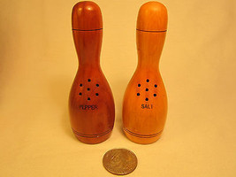Vintage WOODEN Wood Salt &amp; Pepper Shaker Set EATON, COLORADO Bowling Pin... - $11.52