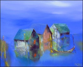 Small Village, a 24 x 28 commission original oil painting on canvas by P... - $3,407.53 MXN