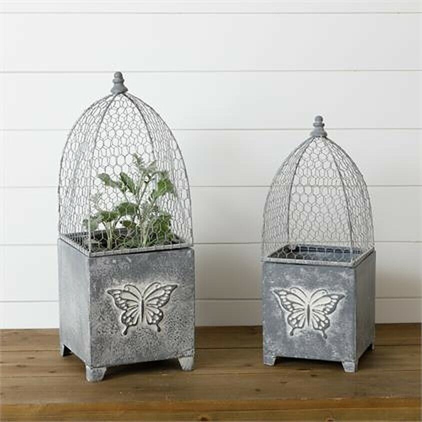 Primary image for Two Butterfly Cloche Planters in distressed metal