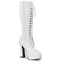 PLEASER Sexy White Matte Platform Lace Up 5&quot; Chunky Heel Gogo Dancer Knee Boots - £69.39 GBP