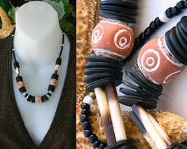 Tribal African Necklace Orange Clay Black Wood Bone Beads Ethnic Style - $24.95