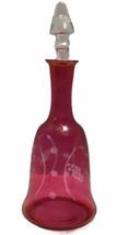 Vtg Genie Bottle Etched Decanter Art Glass W Stopper Barware Ruby Red Cranberry - £26.26 GBP