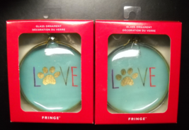 Fringe Studio Christmas Ornament Love Teal Glass Ornament Gold Paw Lot of Two - £11.98 GBP