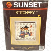 Sunset Stitchery Crewel Kit American Gothic Farmer Teddy Bears Wool 12x12 Vtg - $9.99