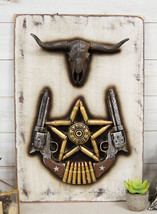 Country Western Star Dual Revolver Guns Bullets Longhorn Cow Wall Decor Plaque - £35.96 GBP