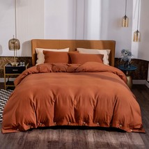 3 Pieces Button Closure Duvet Cover Set Queen, Burnt Orange Duvet Cover With But - £40.92 GBP