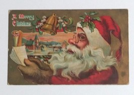 A Merry Christmas Santa Checking His List with Fur Gloves Embossed Postcard 1920 - £10.14 GBP