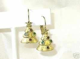 Goldtone Red &amp; Green Rhine Christmas Tree Earrings - £7.96 GBP