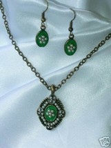 Green Enamel and Faux Pearl Demi Parure Necklace &amp; Ears - £6.37 GBP