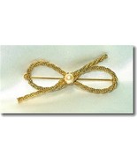 Vintage Genuine Cultured Pearl &amp; Goldtone Rope Bow Pin - £13.32 GBP