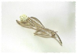 Graceful Filagree &amp; Faux Ivory Rose Pin - £6.39 GBP