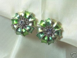 Vintage Frosted Enamel &amp; Rhinestone Clip Earrings - $9.00