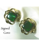 Signed CORO Goldtone Green Lucite Clip Earrings - £14.15 GBP