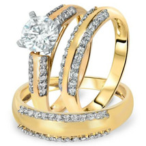 1.50Ct Diamond His &amp;Her Engagement Wedding Trio Ring Set 14K Yellow Gold Over - £106.99 GBP