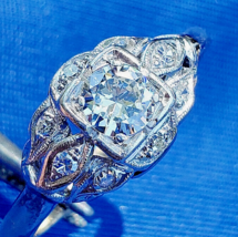 Earth mined Diamond European cut Deco Engagement Ring Vintage Platinum S... - £4,264.13 GBP