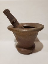 Old Antique Vintage Redware Glazed Pottery Mortar With Wood Pestle - £102.86 GBP