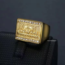 G-Filled 14K Yellow Gold Plated Jesus Men&#39;s Ring Custom The last Supper Bible - £261.49 GBP