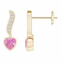 Pink Sapphire Heart Drop Earrings with Diamond in 14K Gold (Grade-AA , 4MM) - £445.23 GBP