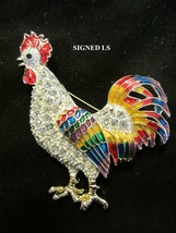 ROOSTER Chicken Brooch Pin Signed LS Vintage Rhinestone and Multi Color Enamel - £11.95 GBP