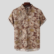 INCERUN Mens Short Sleeve Retro Linen Floral T Shirt Casual Yoga Beach Tee Tops - £8.20 GBP+