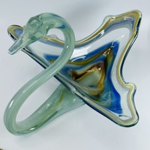 MCM Art Glass Swan Bowl Hand Blown Blue Brown 12-1/2&quot; VTG Dish Mid Century Mod - £23.00 GBP