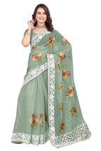 Designer Dusty Pista Multi Resham Embroidery Sari Organza Party Wear Saree - £66.29 GBP