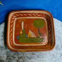 Vtg Mexican Redware Folk Art Pottery Plate Tray Hand Painted 7.75&quot;x6.75&quot;x1.5&quot; - £13.42 GBP