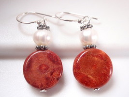 Red Coral and Cultured Pearl 925 Sterling Silver Dangle Earrings - £35.24 GBP
