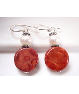 Red Coral and Cultured Pearl 925 Sterling Silver Dangle Earrings - £35.11 GBP