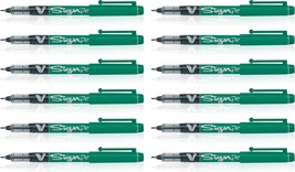 Pilot 12 Pcs Green V Sign Pen Liquid Ink Medium 2mm Nib Tip 0.6mm V-Sign Fibre - $32.66