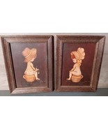 Hand Painted 1984 B Hill Framed Boy Girl Chamber Wash Pots Bathroom 6.5x8.5 - $60.48