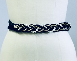 Susan Maddox Designs Vintage Braided Rope Belt  Black Gold Pearls Adjust... - $28.71