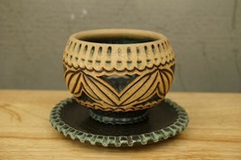 Studio Art Oregon Pottery Open Planter &amp; Saucer Set POLYPOT Sage Green Tan - £22.85 GBP