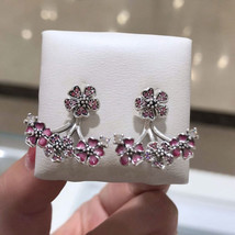 925 Sterling Silver Peach Blossom Flowers Earrings With Enamel & CZ  - $21.66