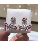 925 Sterling Silver Peach Blossom Flowers Earrings With Enamel &amp; CZ  - $406.24 MXN