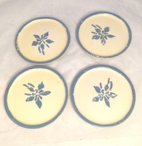 VTG Artisan Handcrafted Coasters Set 4 Pc Glazed Blue Flowers Cream Floral Gift - £19.38 GBP