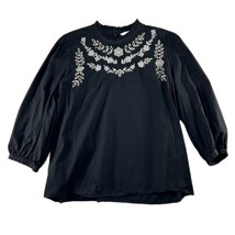 LOFT XL Blouse Floral Eyelet Embroidered Black Ruffle Hight Neck 3/4 Sle... - $23.35