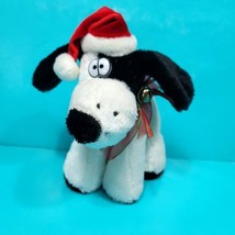 Christmas Puppy Dog Stuffed Plush White Black Dan Dee Santa Hat 8&quot; Bell - £15.81 GBP