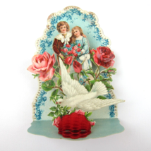 Antique Valentine Honeycomb 3D Pop Up Die Cut Boy &amp; Girl Pink Rose Flowers Dove - £16.05 GBP