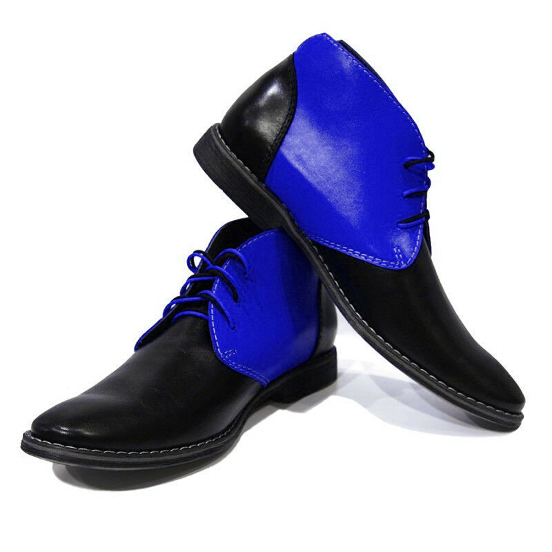Men's High Ankle Chukka Blue Black Cont Derby Toe Leather Handmade Boots US 7-16