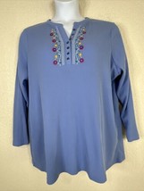 Woman Within Plus Size 1X (22/24) Blue Floral Henley Thermal Shirt Long Sleeve - £11.40 GBP