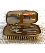 Vintage Travel Clothes Brush Manicure Set Brown Genuine Leather Case Ger... - €12,98 EUR