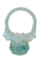 Fenton Glass Opalescent Iridescent Green Floral Hand Painted Mini Basket... - £38.17 GBP