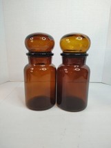 Pair 2 Belgian Brown Glass Apothecary Jars Bubble Top MCM Vintage Canisters - $28.04