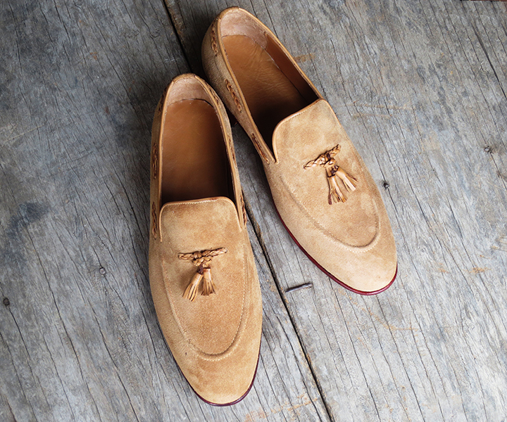 Handmade Men’s Beige Round Toe Suede Leather Loafers, Men Tussle Dress Moccasins