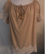 Adrianna Papell Women&#39;s Pullover Top Short Sleeved Beige Embroidered Tri... - $183.03 MXN