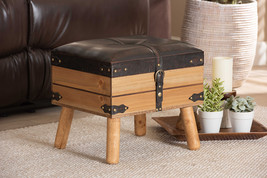 Ratu Rustic Dark Brown PU Leather Upholstered and Oak Small Storage Ottoman - $1,052.30 MXN