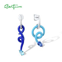  silver earrings for women sky blue stones enamel irregular asymmetric curved line fine thumb200