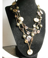 Wood Nut Buttons SWAG BIB Necklace 4 strands Brass beads 16&quot; expands to 19&quot; - $12.99