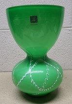 BX Glass Murano Style Art Glass 10&quot; Green Vase With A Raised White Line ... - $49.89